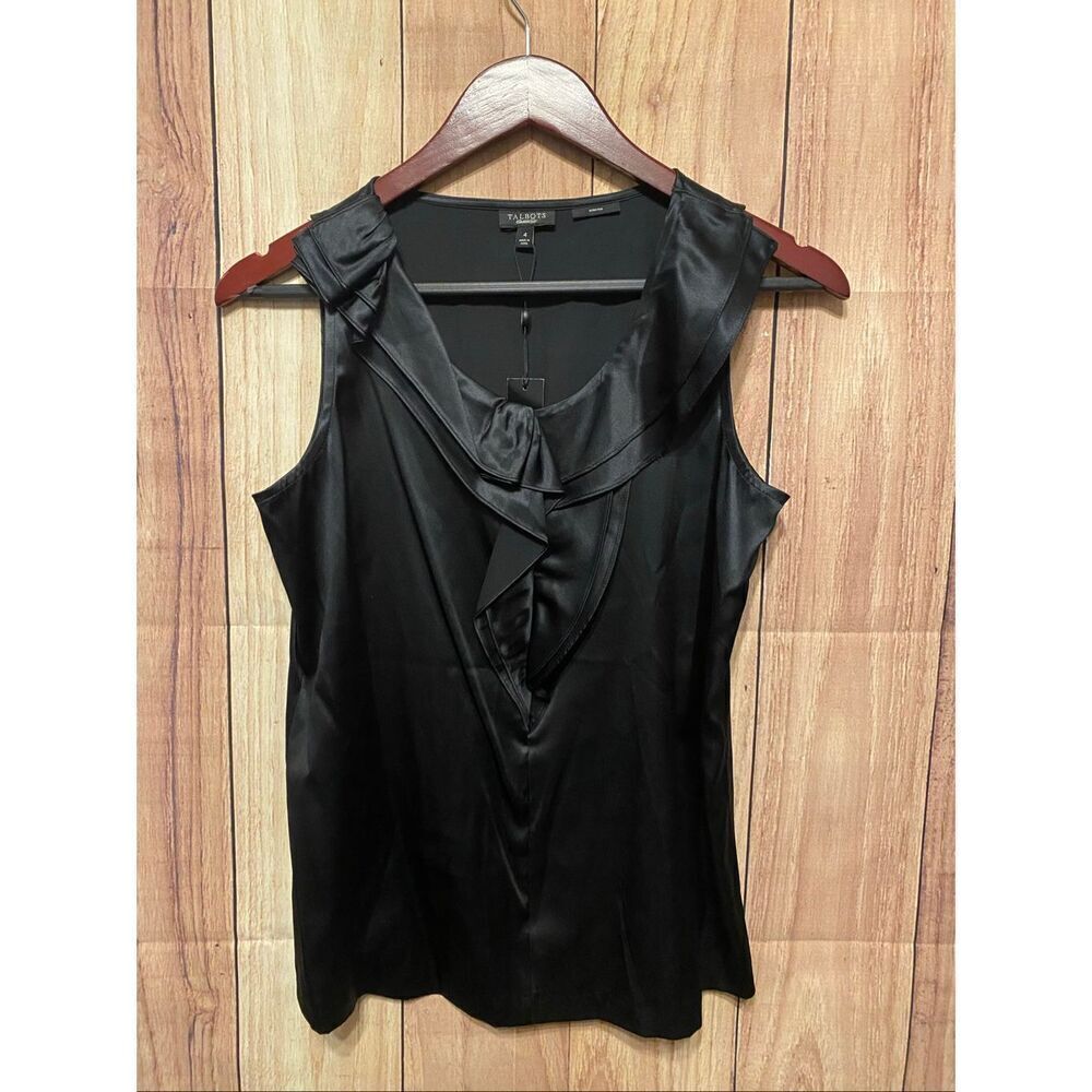 Talbots size 4 NWT black Silk sleeveless top shirt layered ruffle stretch